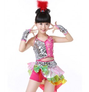 Rainbow colored hot pink royal blue sequins silver gold green patchwork girls children kids stage performance jazz latin modern dance ds dj dance school  play costumes outfits dreses